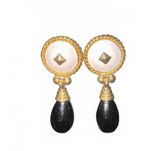 Vintage Ciner Clip-On Earrings with Black Teardrop and White Gold-Tone Detail
